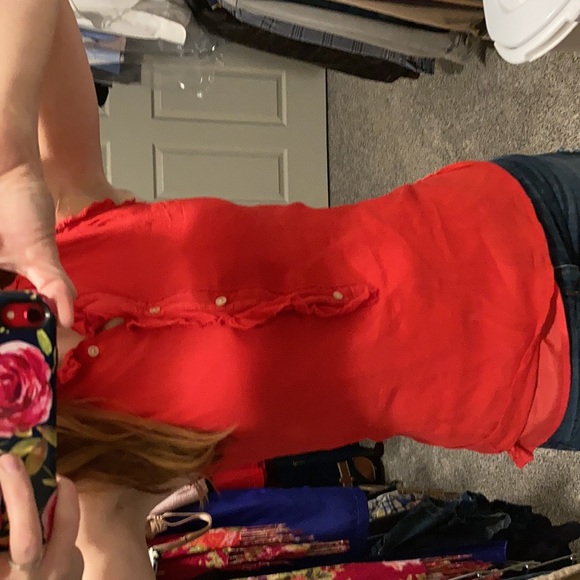 🌹J. CREW silk Red Sleeveless Tank Top w/ Ruffles - Picture 8 of 9